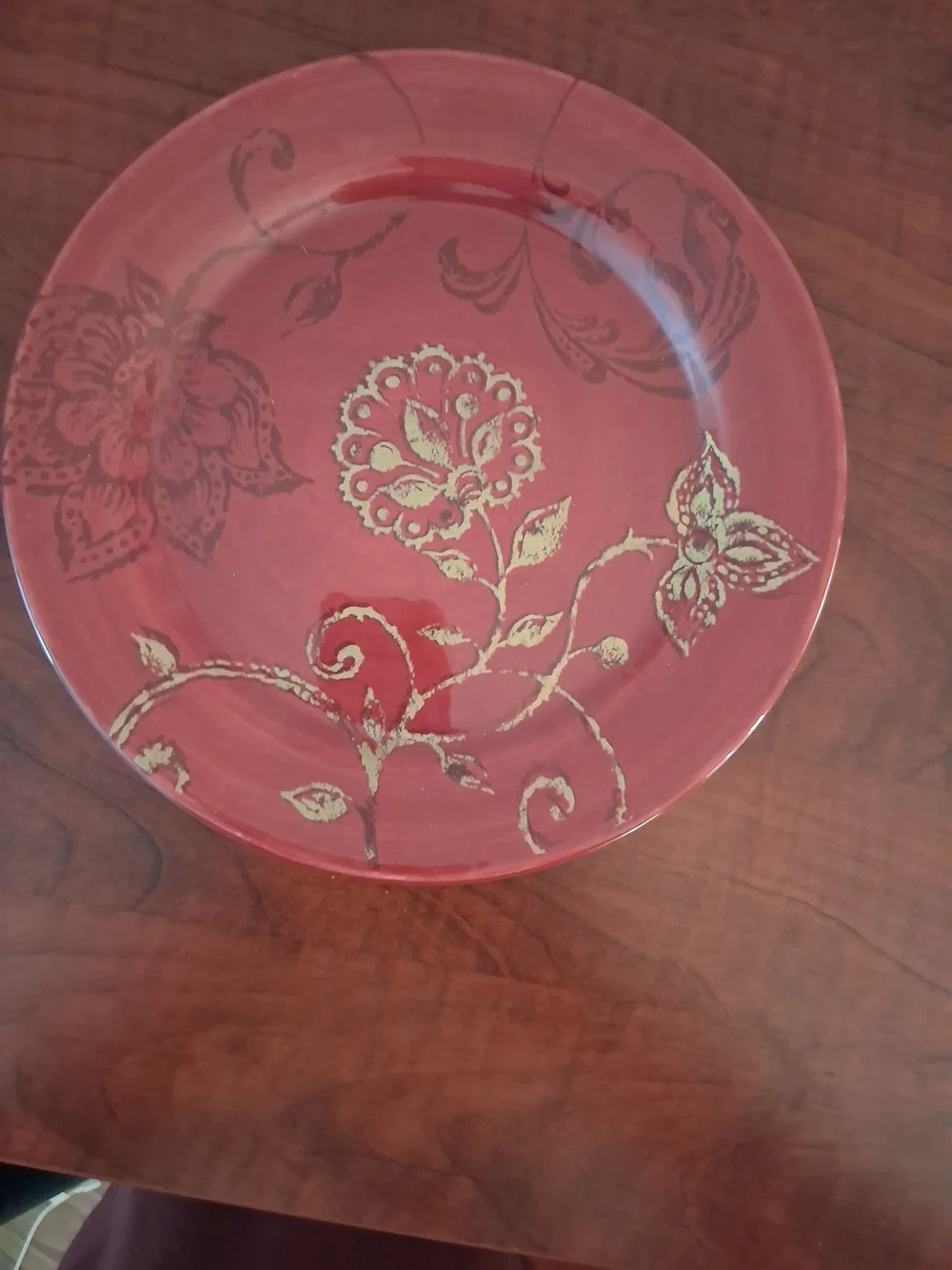 Pier 1 Imports Hand-Painted Ironstone Plate with Red Rim